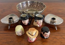 PAIR OF DANISH ATLA CANDLE HOLDERS, FIVE ARTONE MINIATURES AND ALSO PLATED BASKET