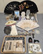 Qunatity of Sundry Decorative Items Inc. Fans, Beaded Bags, Travel Clock, Brass Knocker Etc all used