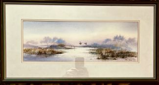 NEIL JONES, WATERCOLOUR, MISTY LAKE, FRAMED AND GLAZED, APPROX 16 x 45cm
