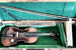 HALF SIZE VIOLIN, APPROX 53cm LONG, AND BOW WITHIN RECTANGULAR CASE, BODY LENGTH APPROX 31.5cm
