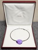 Boxed Baccarat 925 Silver Crystal Collar Necklace Set with Large Purple Amethyst Coloured Stone