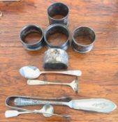 FIVE SILVER NAPKIN RINGS, SILVER SPOON AND PUSH PLUS PLATED ITEMS, WEIGHT APPROX 115g