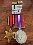 TWO WORLD WAR II MEDALS AND MOTHER OF PEARL CORONA LIGHTER