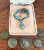 NEW ZEALAND PAUA SHELL NECKLACE PLUS OLD COINAGE