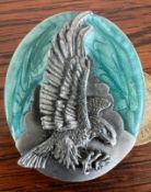 SIS KIYOU BUCKLE COMPANY PEWTER AND ENAMEL EAGLE BROOCH, 1980s