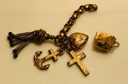9ct GOLD HEART CHARM (BEND); 9ct GOLD CROSS; 9ct GOLD ANCHOR, TOTAL WEIGHT OF ALL THREE APPROX 4.