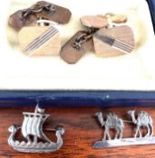 PLATED CUFFLINKS AND TWO SILVER BROOCHES