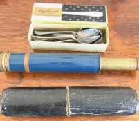 BOX OF TEN PLATED TEASPOONS AND TELESCOPE (LENS CRACKED)