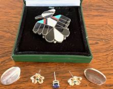 NATIVE AMERICAN SILVER AND ENAMEL CLIP BROOCH ZUNI THUNDER BIRD AND EARRINGS, ETC.