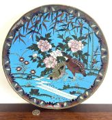 CLOISONNE PLAQUE, JAPANESE, PAIR OF QUAILS IN GARDEN, REPAIR TO REVERSE BORDER