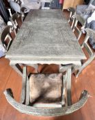 ANGLO-INDIAN DINING TABLE AND EIGHT CHAIRS (SIX AND TWO), THE WHOLE COVERED IN PEWTER COLOURED