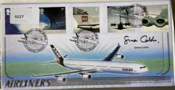 Journalist Simon Calder signed Benham 2002 Airliners FDC. Set of 5 Classic Airliners stamps and