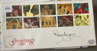 Broadcaster Pam Ayres signed 1995 Greetings Stamps FDC. Set of 10 art lovers stamps and Lover,