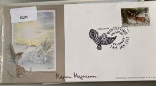 Journalist Magnus Magnusson signed 1992 Winter Owls FDC. Wintertime Deer Stamp and LFDC No 102
