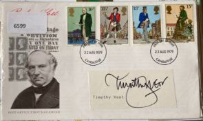 Actor Timothy West signed Rowland Hill FDC. Set of 4 Classic 1800's postal service stamps and 22 Aug