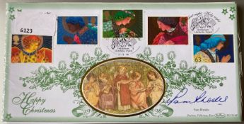 TV Presenter Pam Rhodes signed Benham 1998 Happy Christmas FDC. Set of 5 Angels stamps and Silent