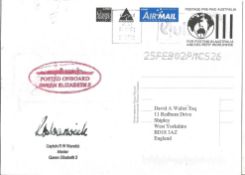 Cptn R Warwick signed QE2 postcard.