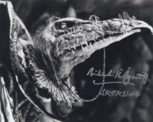 The Dark Crystal movie scene B&W 8x10 photo signed by actor Michael Kilgarriff as SkekUng