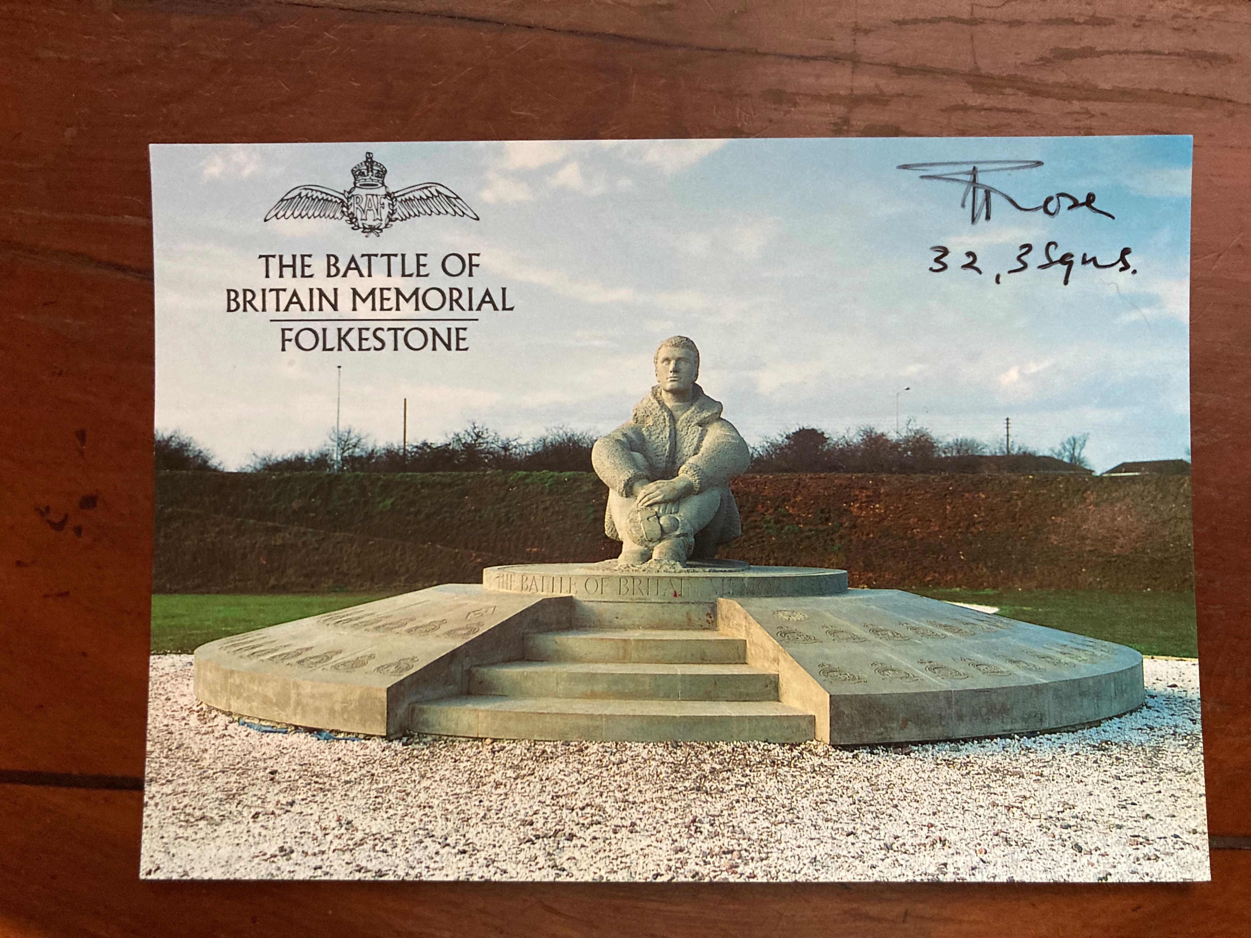 Battle of Britain Memorial Postcard signed J Rose 32 + 3 sqn 1940 WW2 BoB Postcard Capel Le Ferne.