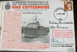 Royal Navy Lt Cdr A.R. Ireland, Ad Sir Peter Buchanan and Lady Audrey Buchanan signed HMS Cottesmore