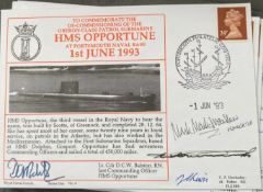 Royal Navy Lt Cdr DCW Balston, J Lewis +2 signed comm the De-commissioning of HMS Opportune