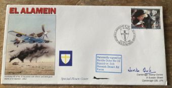 BOB ace Neville Duke Signed cover RAF 50th anniv El Alamein Hurricane IID of 6 sqn with 40 mm anti-
