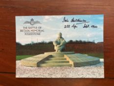 Battle of Britain Memorial Postcard signed Iain Hutchinson 222 sqn 1940 WW2 BoB Postcard Capel Le