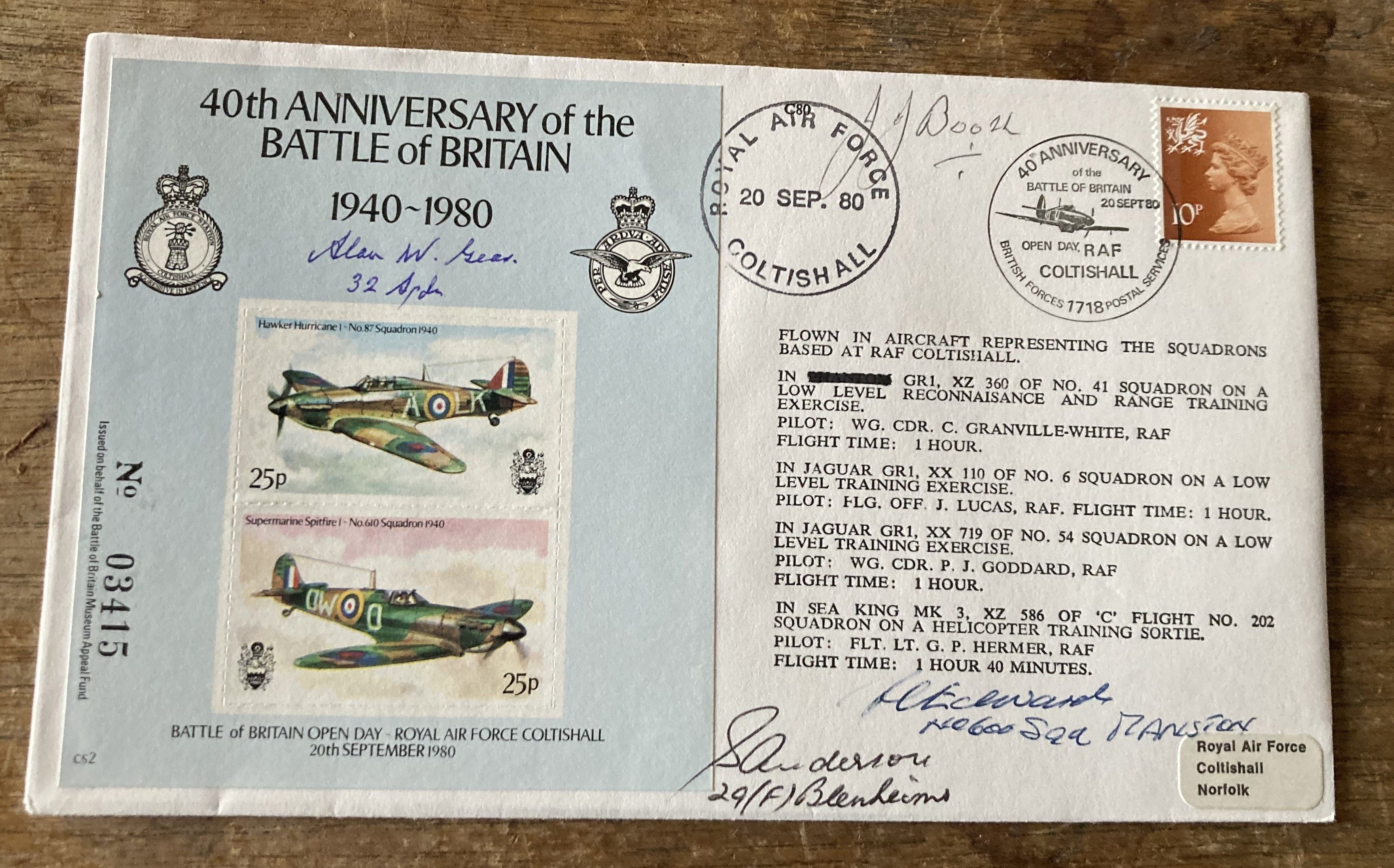 4 BOB vets signed cover. RAF 40th anniv of Battle of Britain 1940-1980 RAF Coltishall 20 sept 80