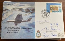 WW2 Multiple signed E E Canberra bomber cover. Signed by AVM D Bower AFC, Grp Capt Petty DSO DFC
