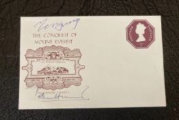 Sherpa Tenzing and John Hunt signed 25th ann Everest Conquest prepaid 7p GB illustrated stamp sheet.