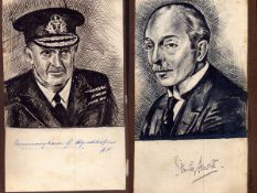 Admiral Cunningham signed sketch and Sir Stanley Hewett on reverse.
