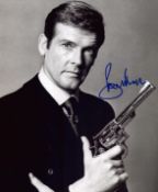 Roger Moore signed 10x8inch black and white James Bond photo.