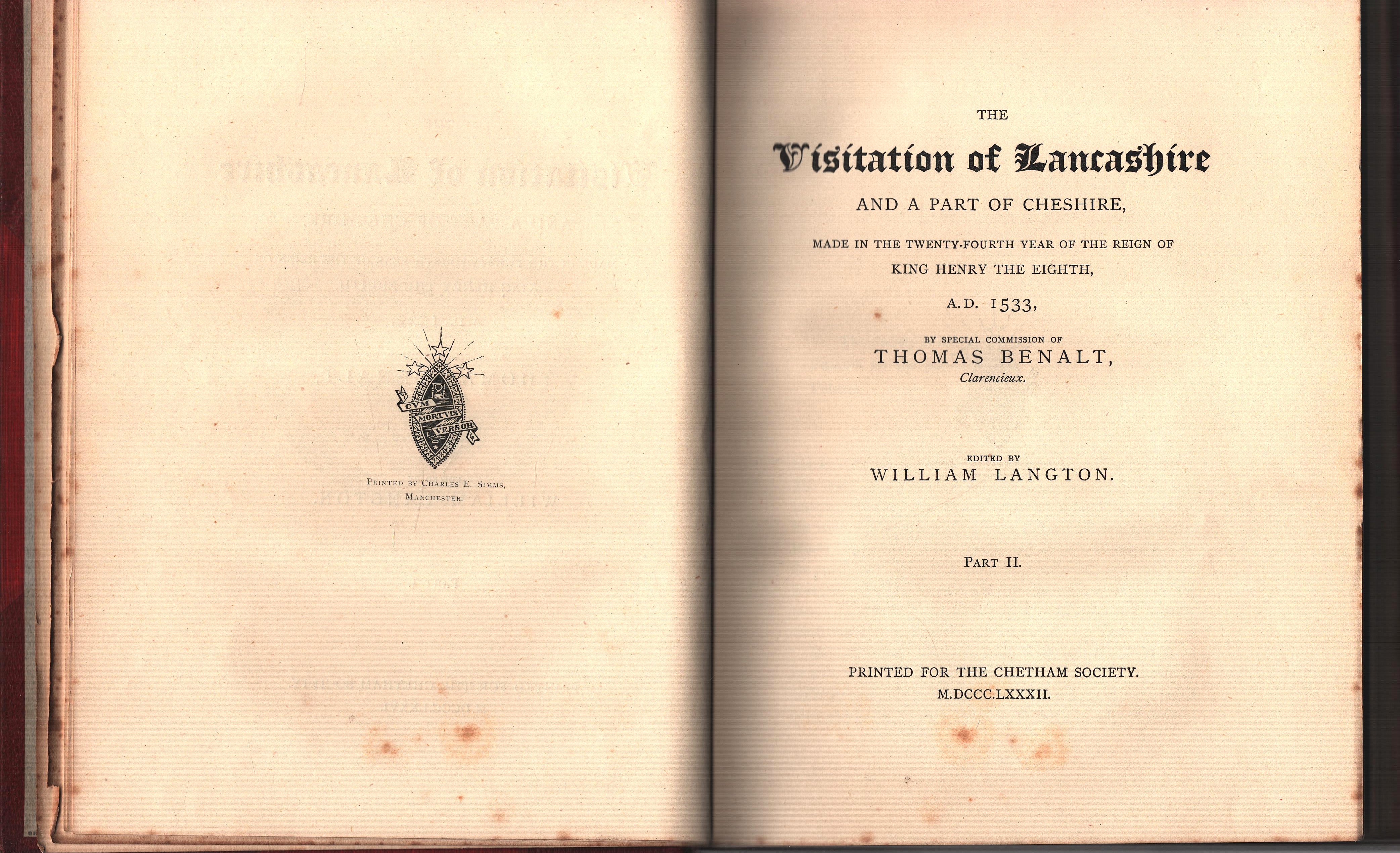 The Visitation of Lancashire 1533, 1613 & 1664-5, Edited by William Langton. Printed for The Chetham