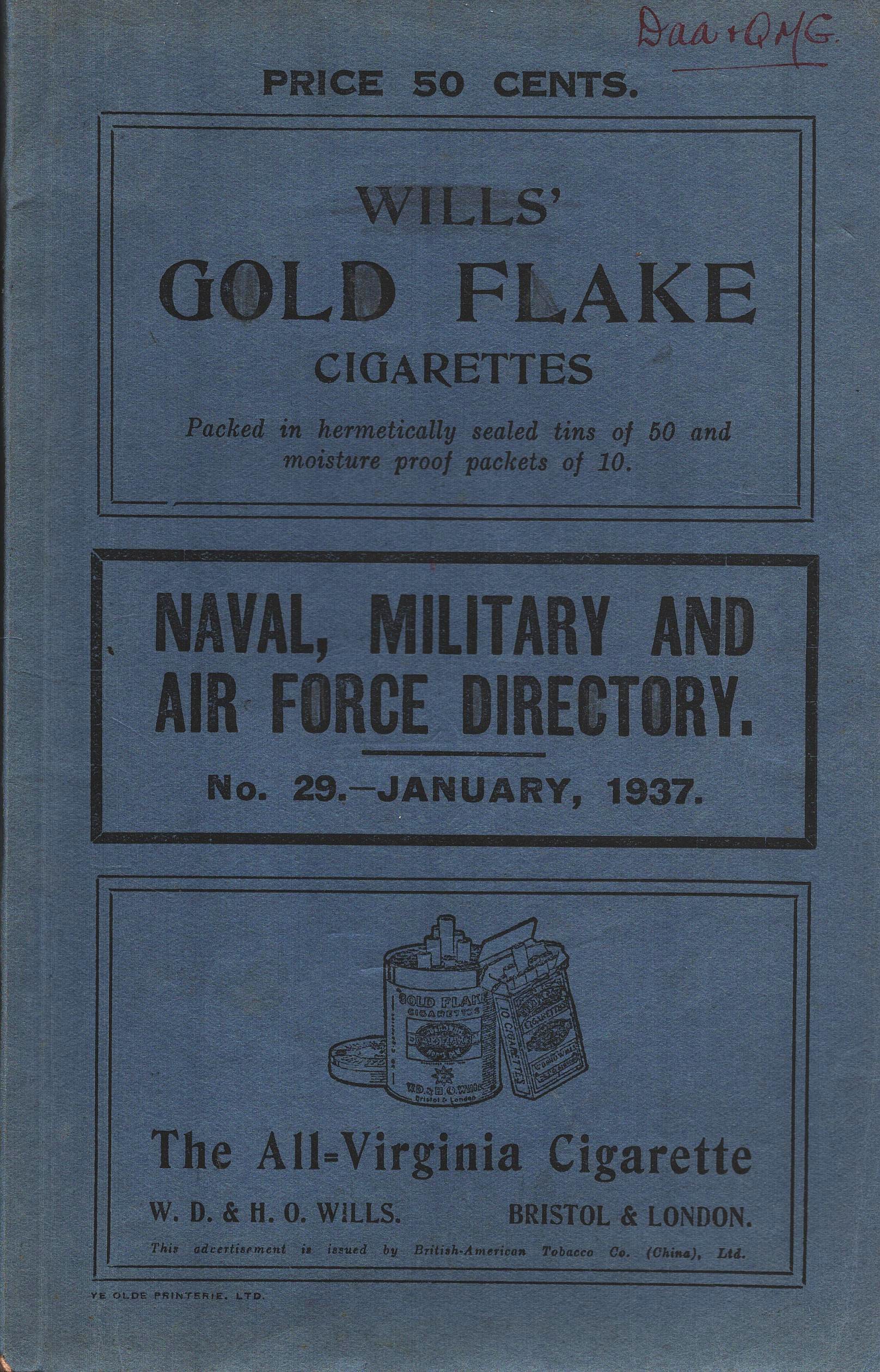 Naval, Military and Air Force Directory. No 29 - Jan, 1937. Paperback.