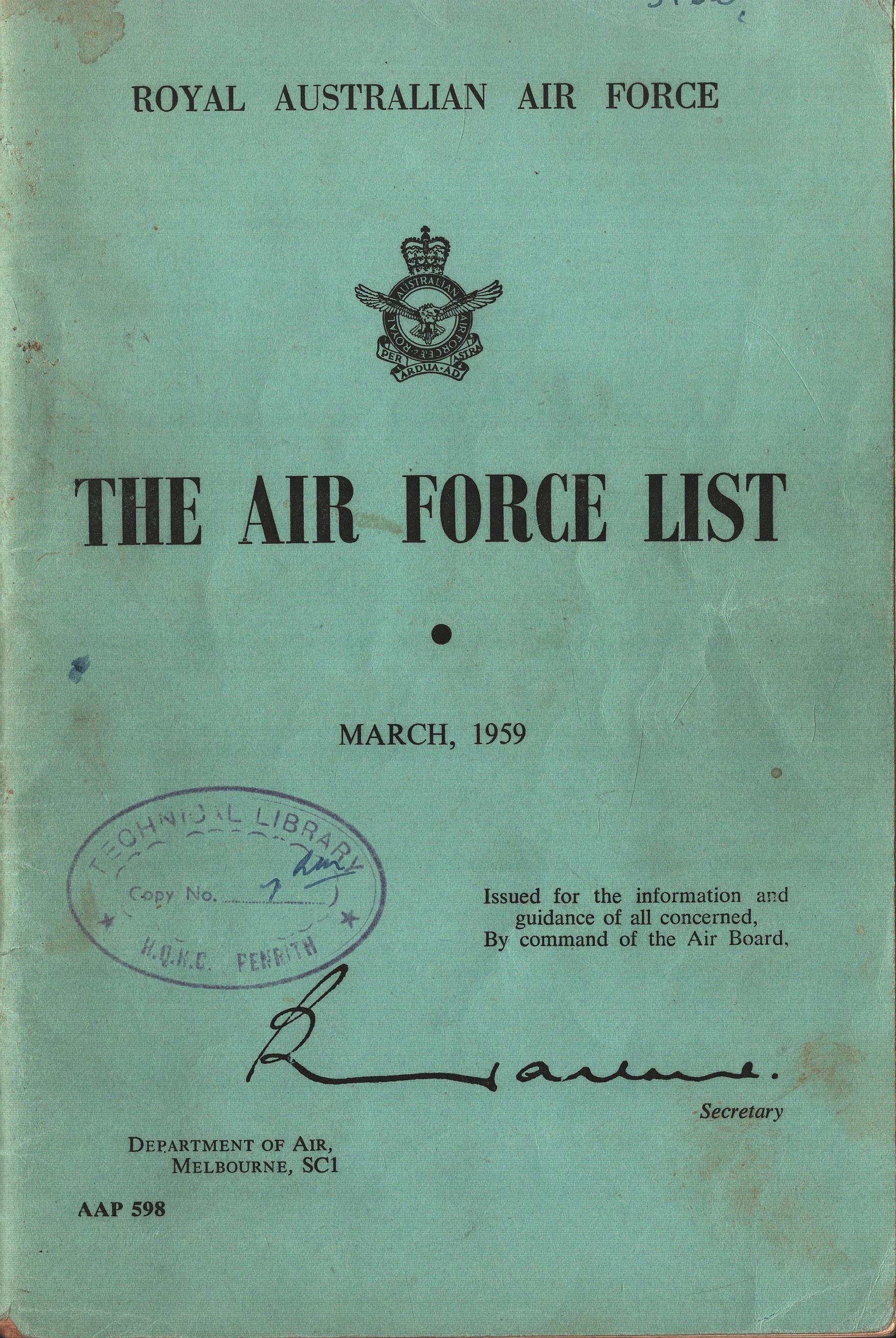 The Air Force List. March 1959, Royal Australian Air Force. Paperback.