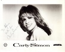 Carly Simon signed 10x8inch black and white promo photo. Dedicated.
