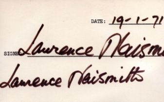 Lawrence Neismith signed 5X3 inch White card