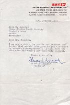 Ludovic Kennedy TLS dated 25 October 1972 on BBCTV note paper