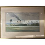 Artwork depciting a large ocean liner which is docked at an industrial port, unkown title by Norman