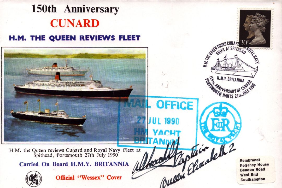 Captain Sir Ian McNaught signed FDC. 150th Anniv Cunard H.M. The Queen Reviews Fleet. Stamped 27th J