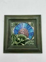 William de Morgan framed cornflower tile. Merton Abbey impressed mark to reverse (1882-1888) 14.5