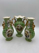 A pair of Minton two-handled vases, circa 1850, painted with rustic scenes, within green basket