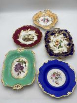 Five Minton dessert plates, 19th century, one painted by Steele with flowers within a mint ground