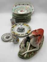 A Victorian part dessert service and other ceramics including a creamware transfer printed plate 'He