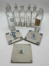 Group of three decorative delft tiles in the 18th century style, blue and white 13 x 13cm;