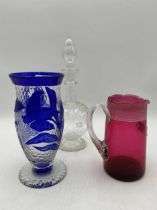 A Richardson's cameo glass vase with acid etched decoration 20.5cm high, an etched carafe and