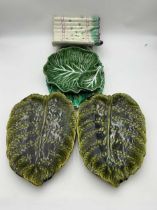 Maiolica leaf shaped serving dishes, mainly continental, to include a pair by Sarraguemines 33 x