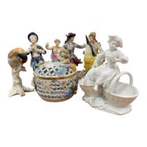 A group of German/ Austrian porcelain ornaments comprising two birds a nut-hatch and gold finch 13cm