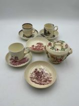 A collection of English creamware, to include a sucrier and cover 11cm, two coffee cups and