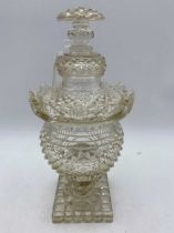An Irish cut glass lidded sweetmeat jar, 19th century, 28cm high Chip to the stand, two large